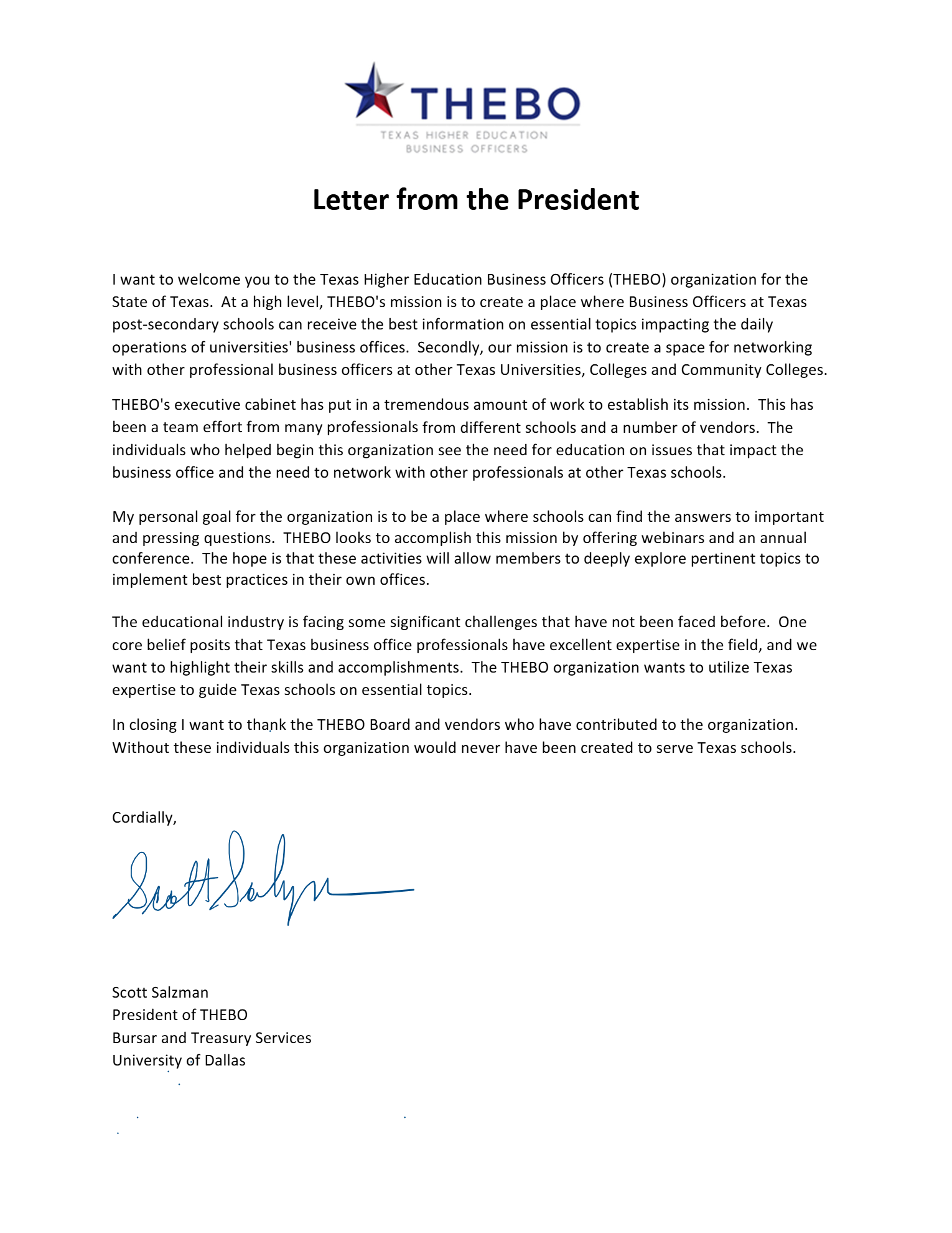 Letter from the President of THEBO on official letterhead, including a signature and contact information.