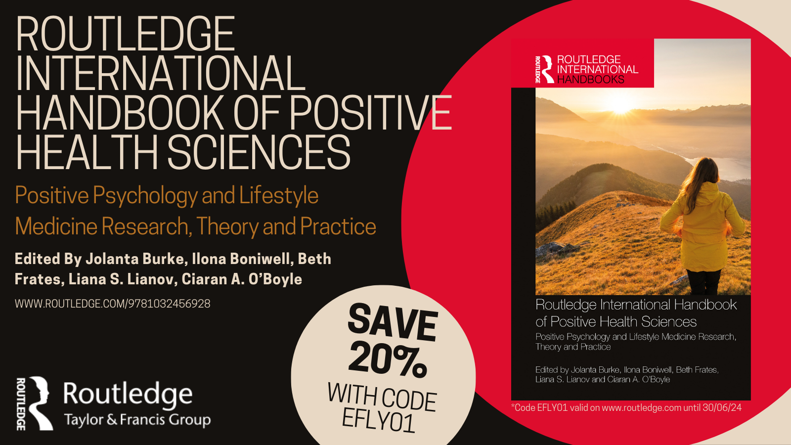 Book cover: “Routledge International Handbook of Positive Health Sciences” with red cover and “Save 20%” badge