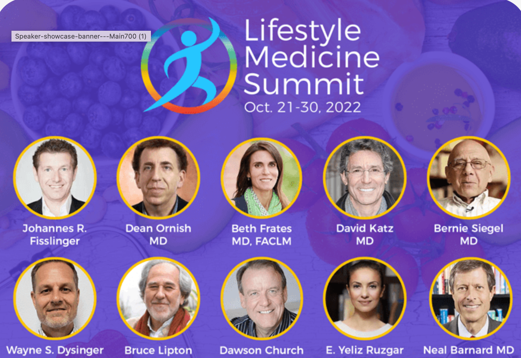 Lifestyle Medicine Summit poster with eight speakers’ headshots on a purple background, Oct. 21, 2022