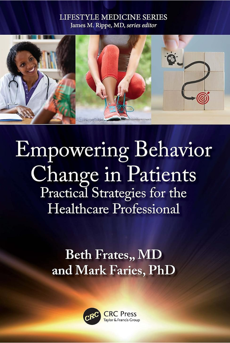 Book cover titled “Empowering Behavior Change in Patients” with three healthcare-related photos and blue-black background