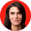 Portrait of a woman with long dark hair on a bright red circular background