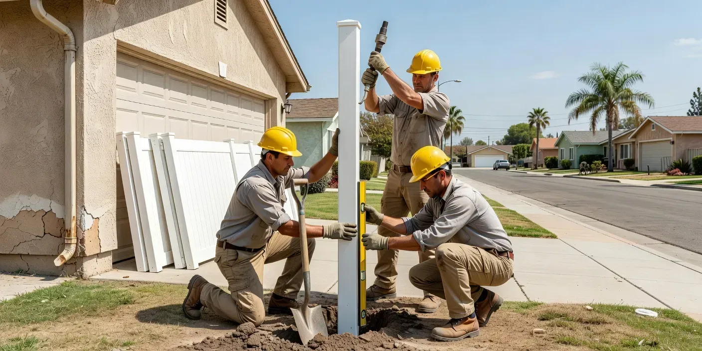 crew setting vinyl fence posts beside a stucco garage on a sunny El Monte residential street
