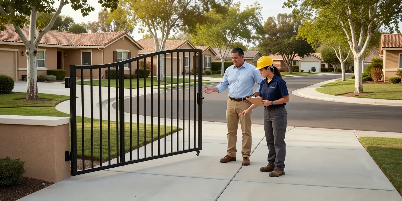 homeowner and installer reviewing a gate swing path along a concrete driveway in an El Monte cul-de-sac