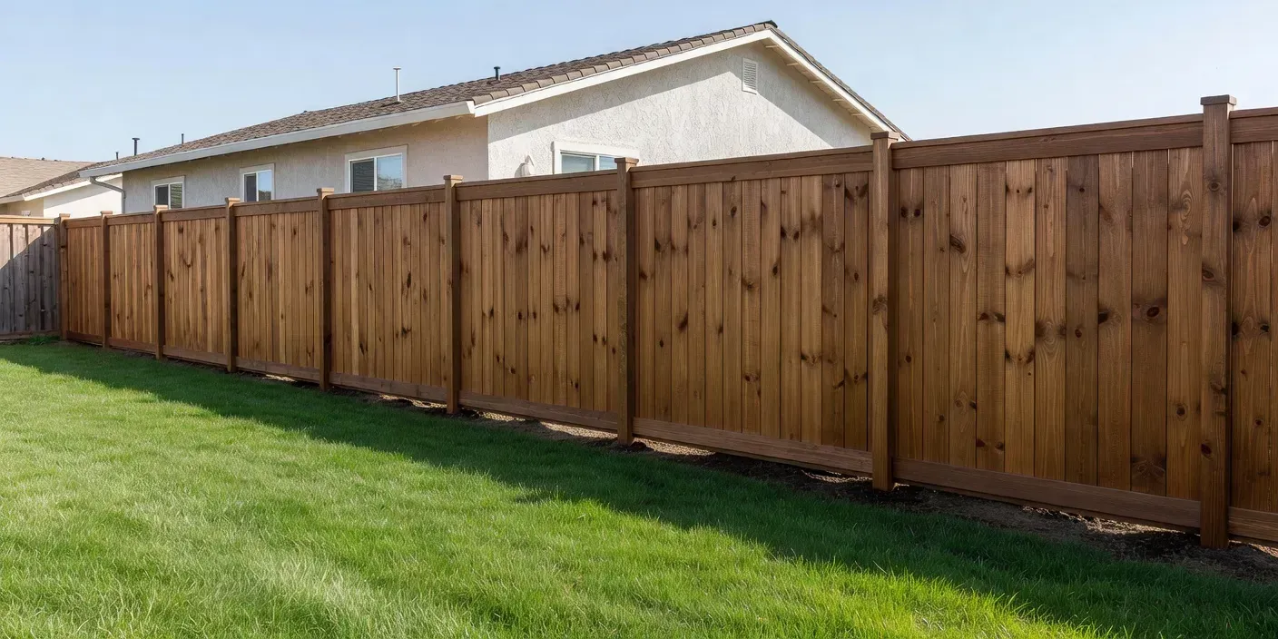 wooden privacy fence freshly set along a residential El Monte backyard with green lawn and stucco home