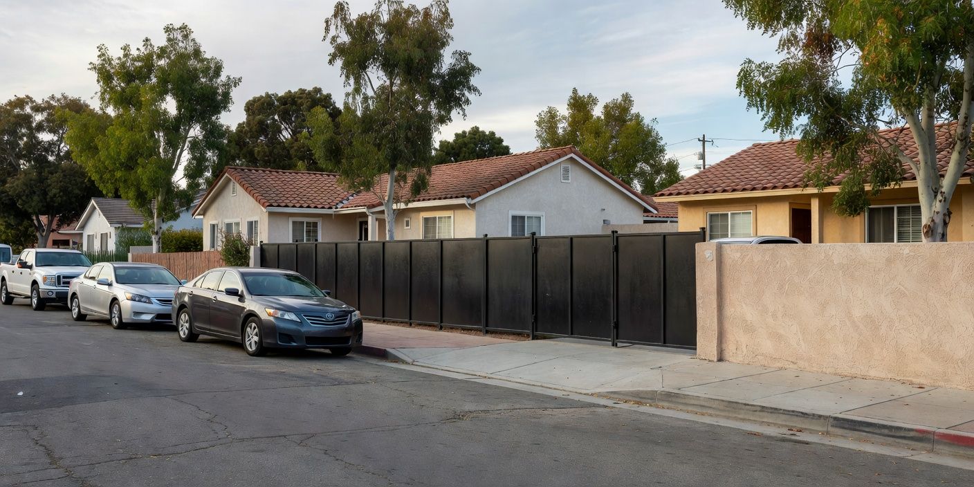 Powder-coated black wrought iron panels beside a driveway gate on a quiet El Monte block with parked cars and low stucco walls
