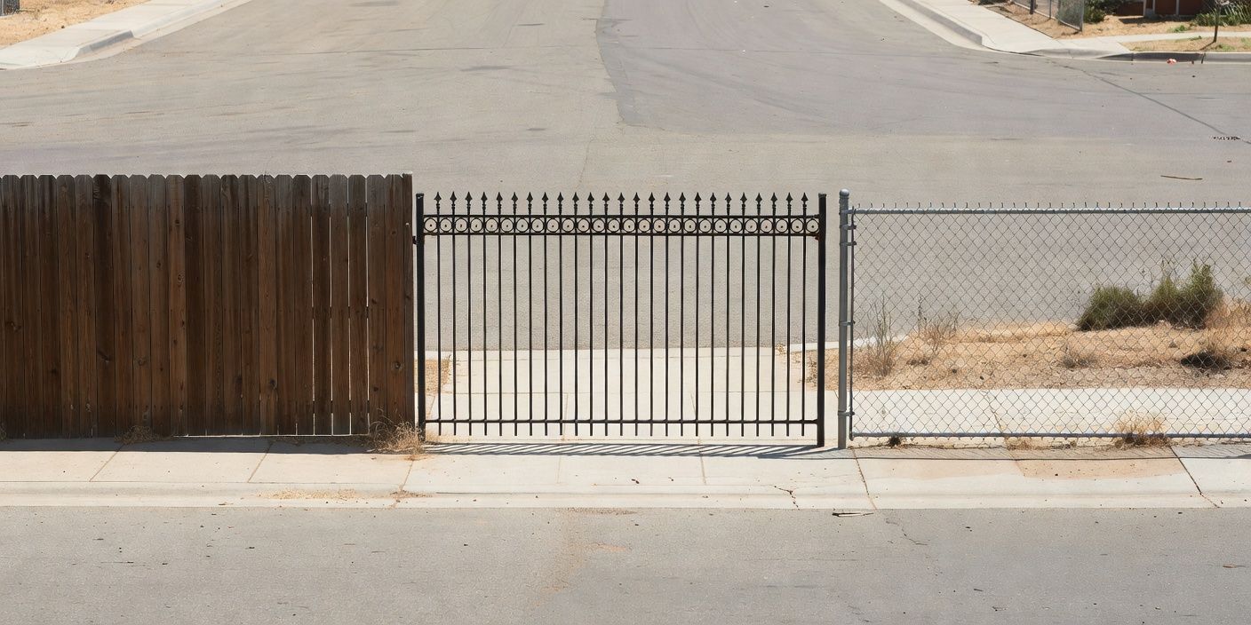 photographic side-by-side view of three El Monte property lines—wood privacy boards, black wrought-iron pickets, and galvanized chain-link mesh—along a dry residential street
