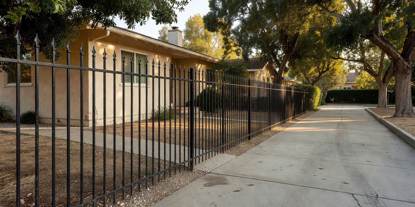 Black wrought iron picket fence running beside a stucco bungalow front walk in El Monte with mature shade trees and a concrete driveway