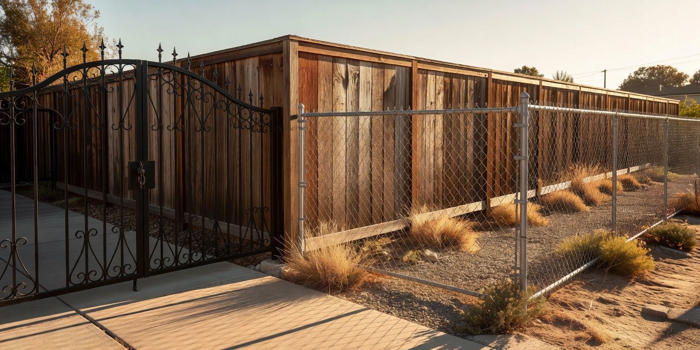 photographic El Monte front yard with black wrought-iron gate beside a rear wood privacy fence and a chain-link side run under bright afternoon sun