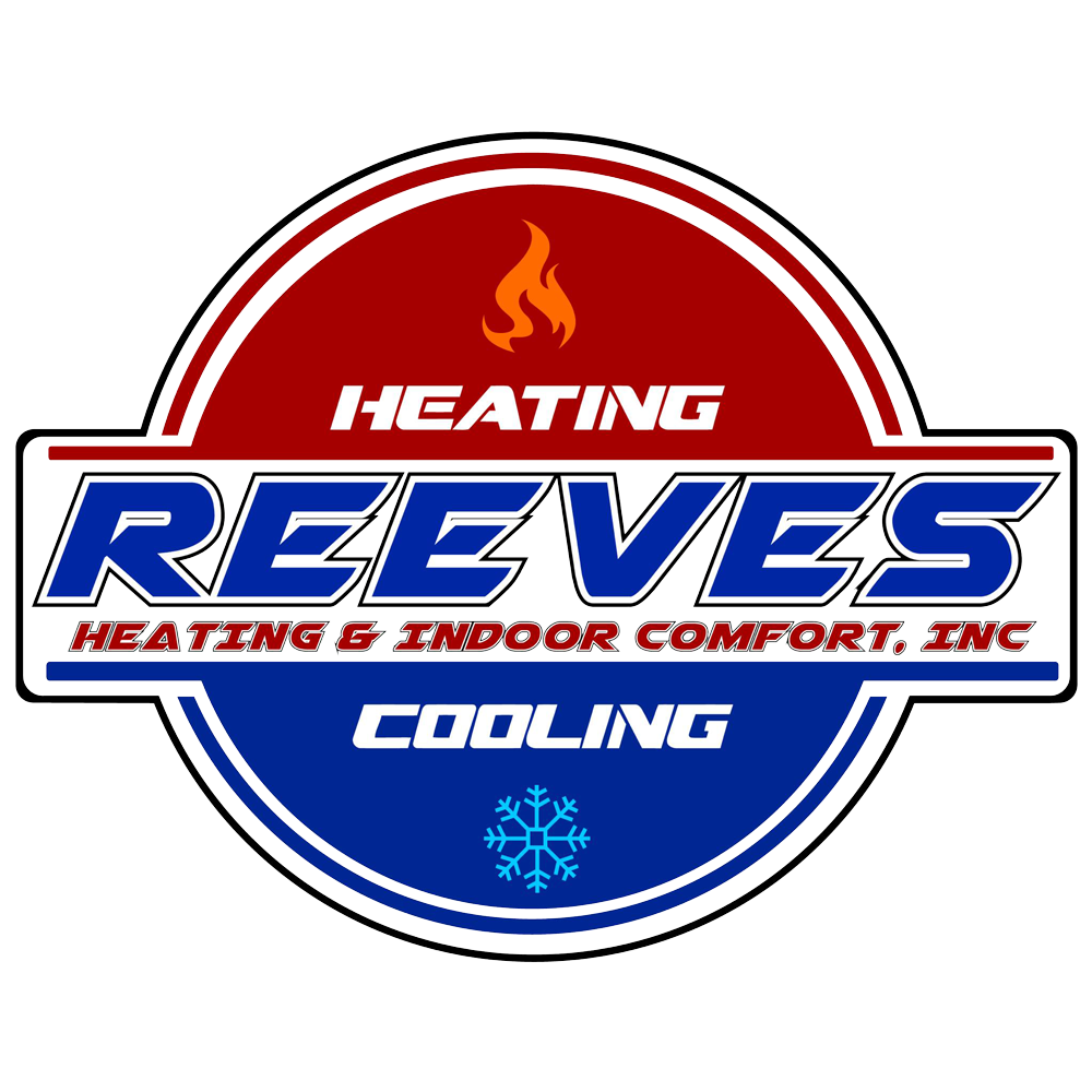 Logo for Reeves Heating & Indoor Comfort, Inc. Features a red and blue circle, with the name and icons for heating and cooling.