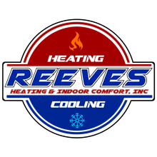 Logo for Reeves Heating & Indoor Comfort, Inc. Features a red and blue circle, with the name and icons for heating and cooling.