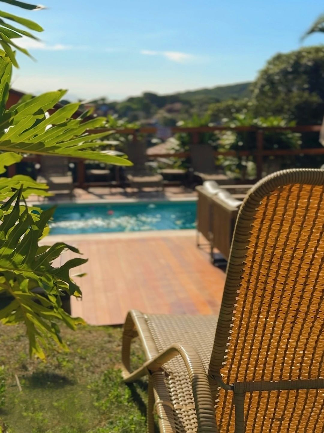 Cadeira de vime com vista para uma piscina e deck ensolarados no quintal, com folhas verdes em primeiro plano.