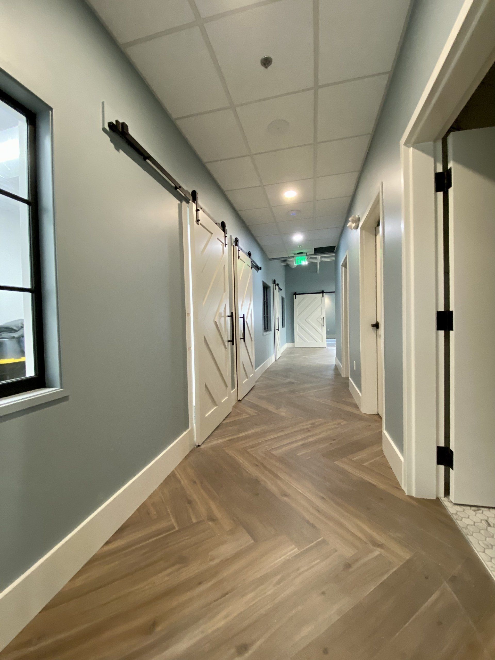 Modern hallway with herringbone wood floor, white doors, gray walls, and ceiling lights.