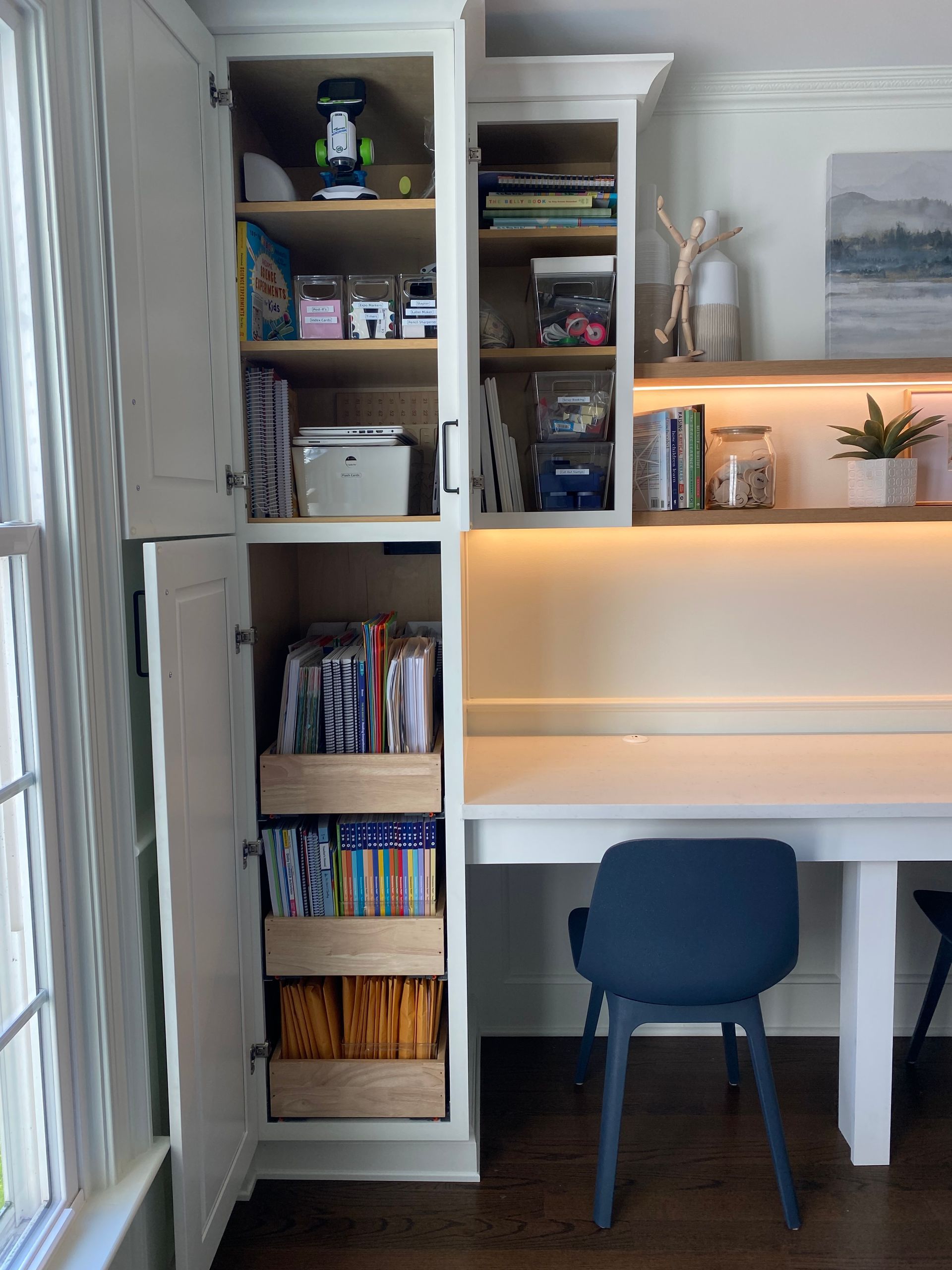 Home School station storage design for kids craft room | Christy Martin Design Interiors
