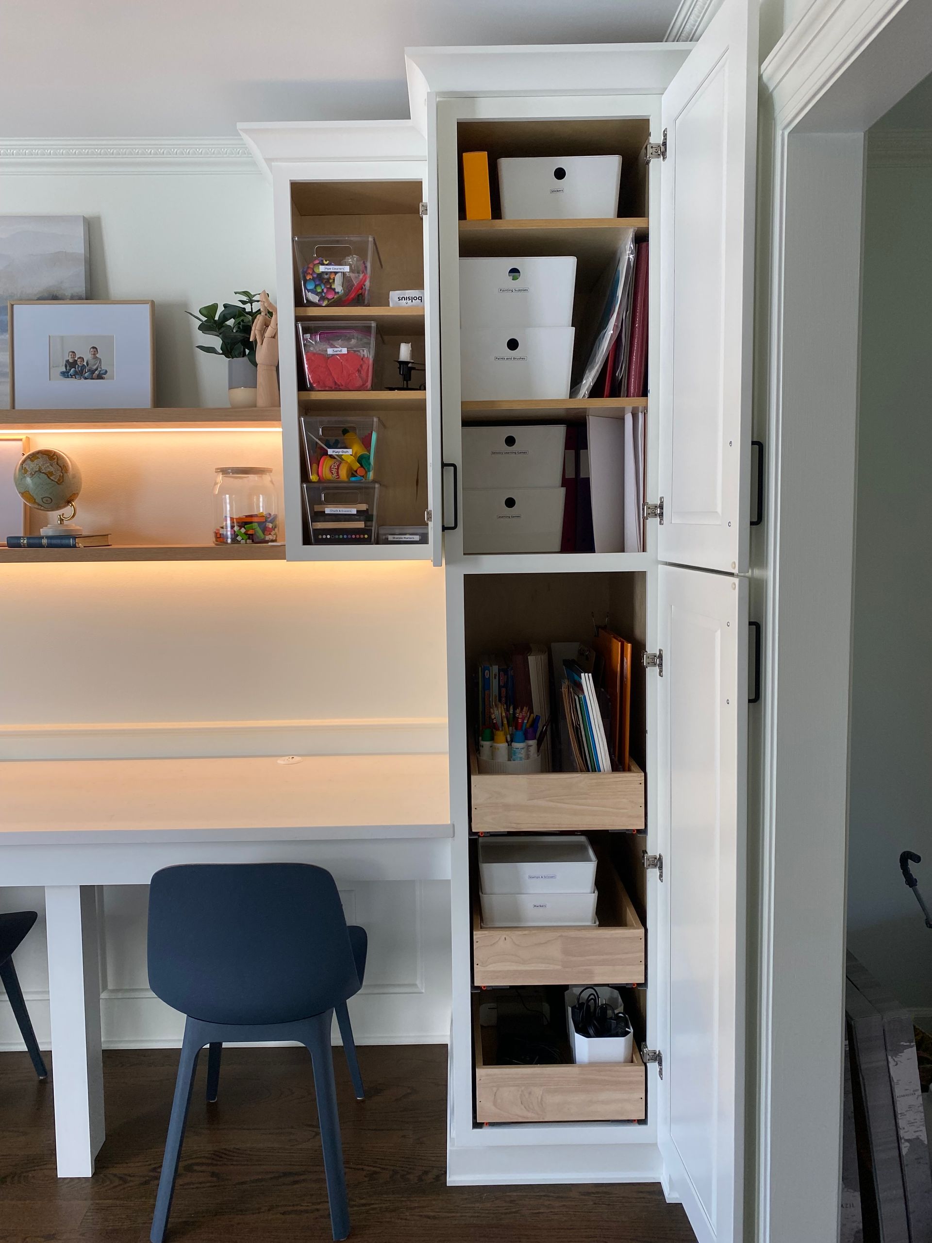 Home School station storage design for kids craft room | Christy Martin Design Interiors