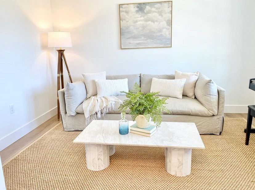 Bright living room with cream sofa, white coffee table, floor lamp, and woven rug.