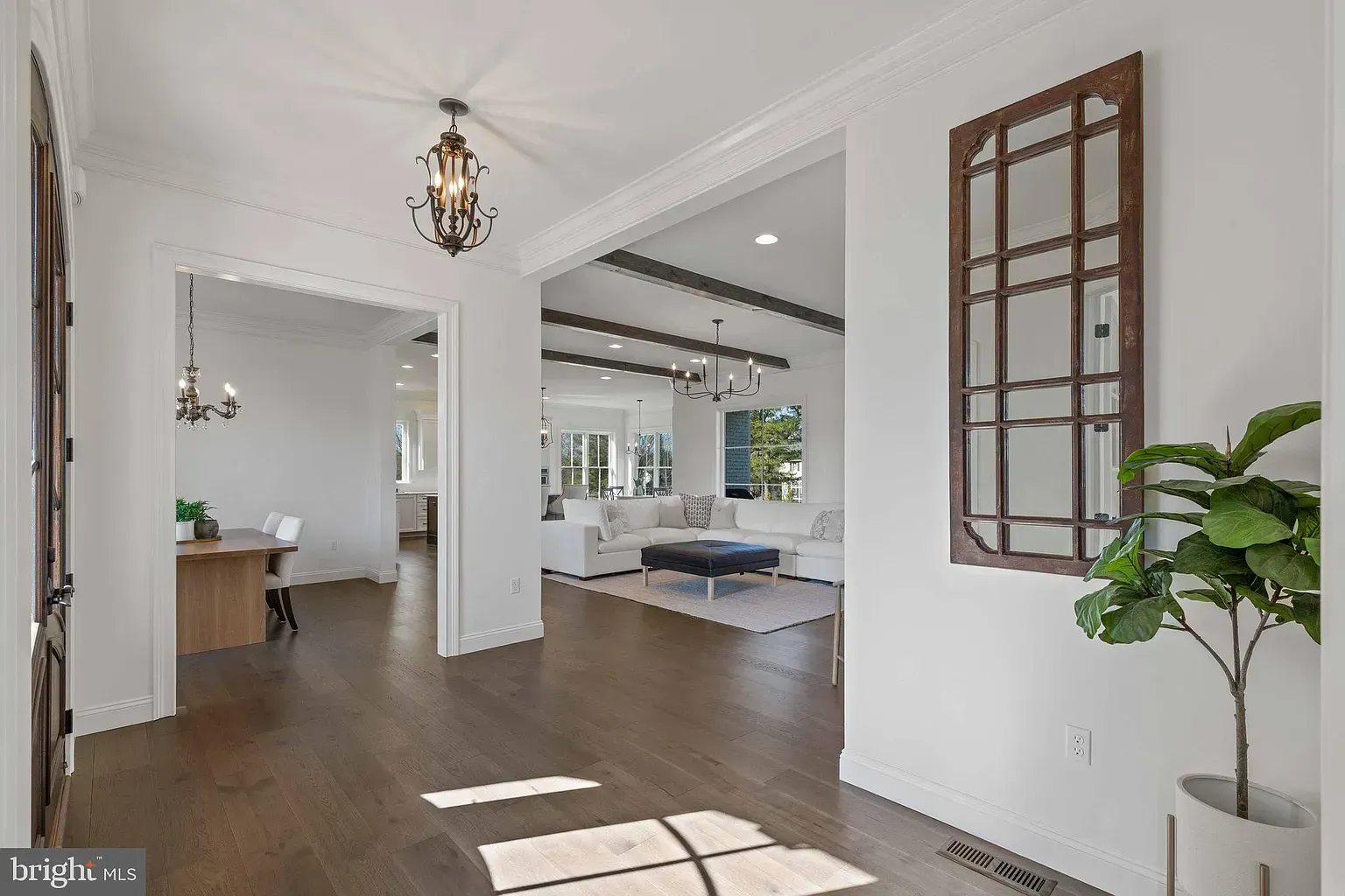 Bright open living room with wood floors, white walls, a hanging light, and a view into a modern kitchen.