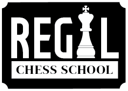 The logo for regal chess school has a chess piece on it.