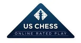 The logo for us chess online rated play is a triangle with a chess piece on it.