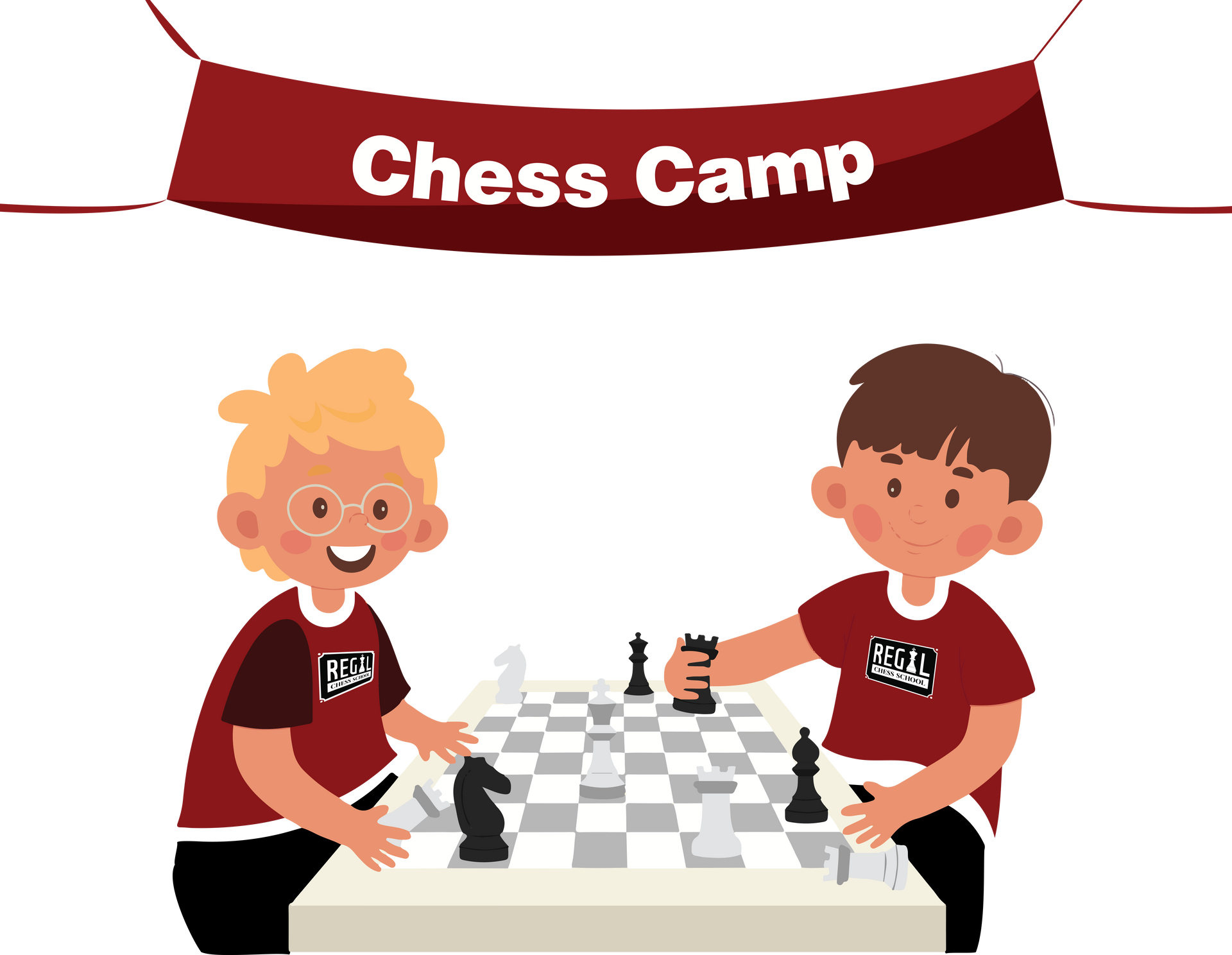 Two young boys are playing chess at a chess camp.