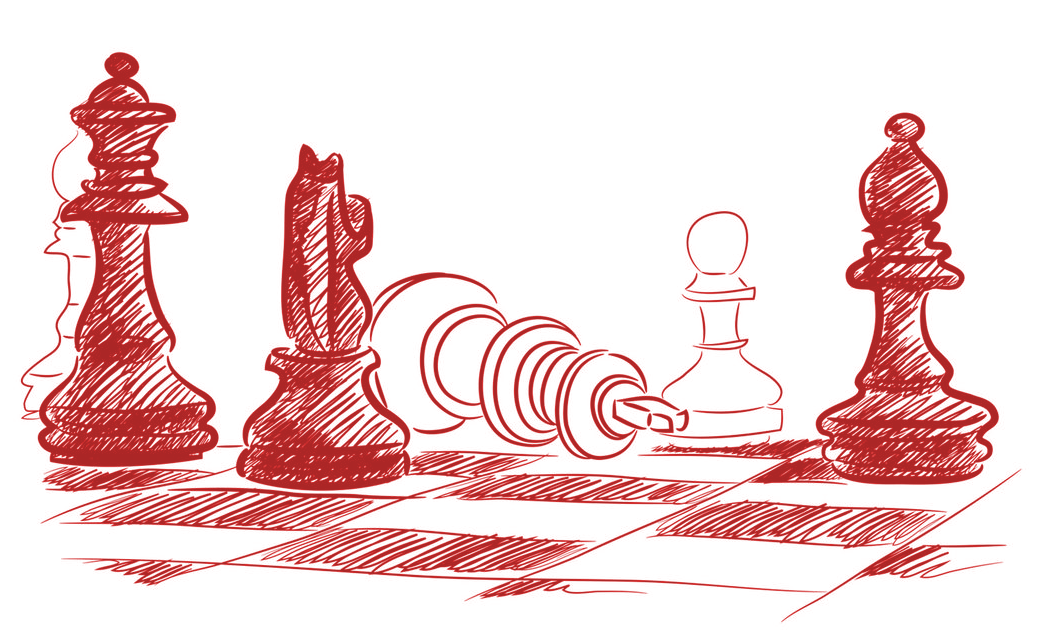 A drawing of chess pieces on a checkered board