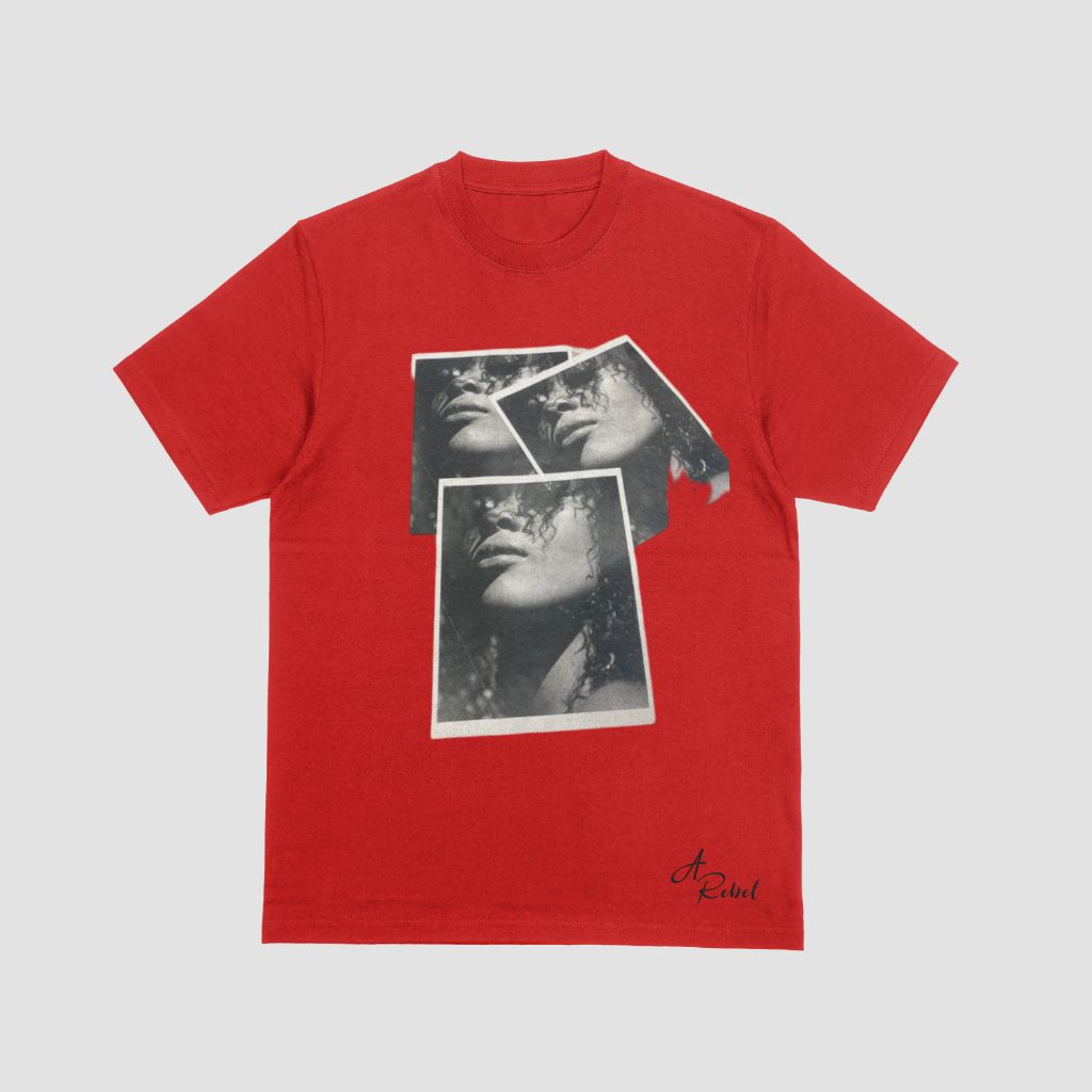 A red t-shirt with a picture of woman's face on it 3 times.