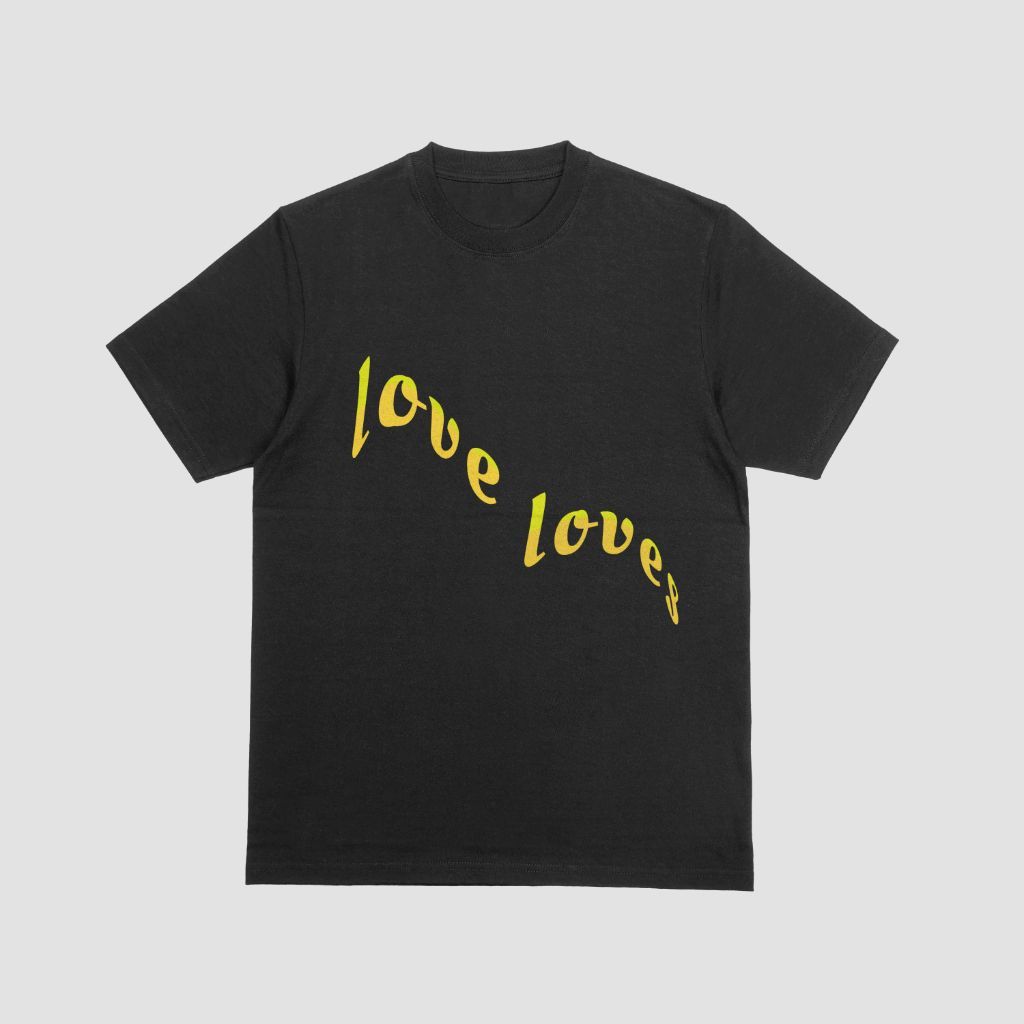 A black t-shirt with the word love  loves on it.