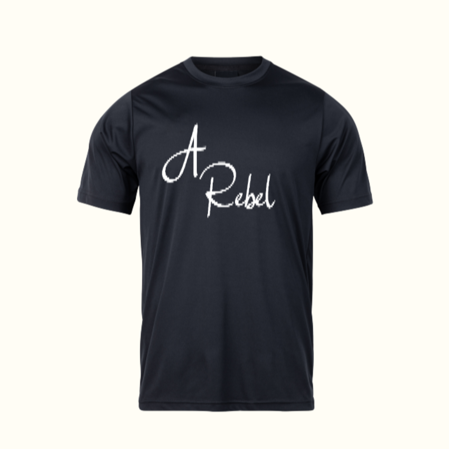 A black t-shirt with the word A Rebel in cursive on it.