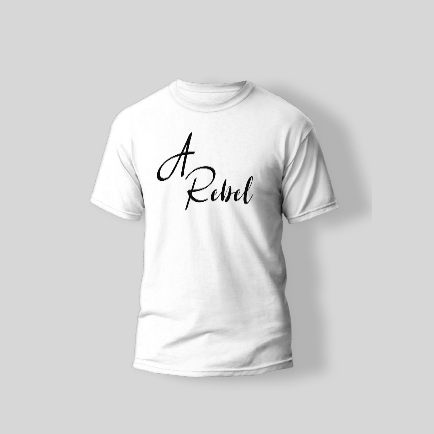 A black t-shirt with the word A Rebel in cursive on it.