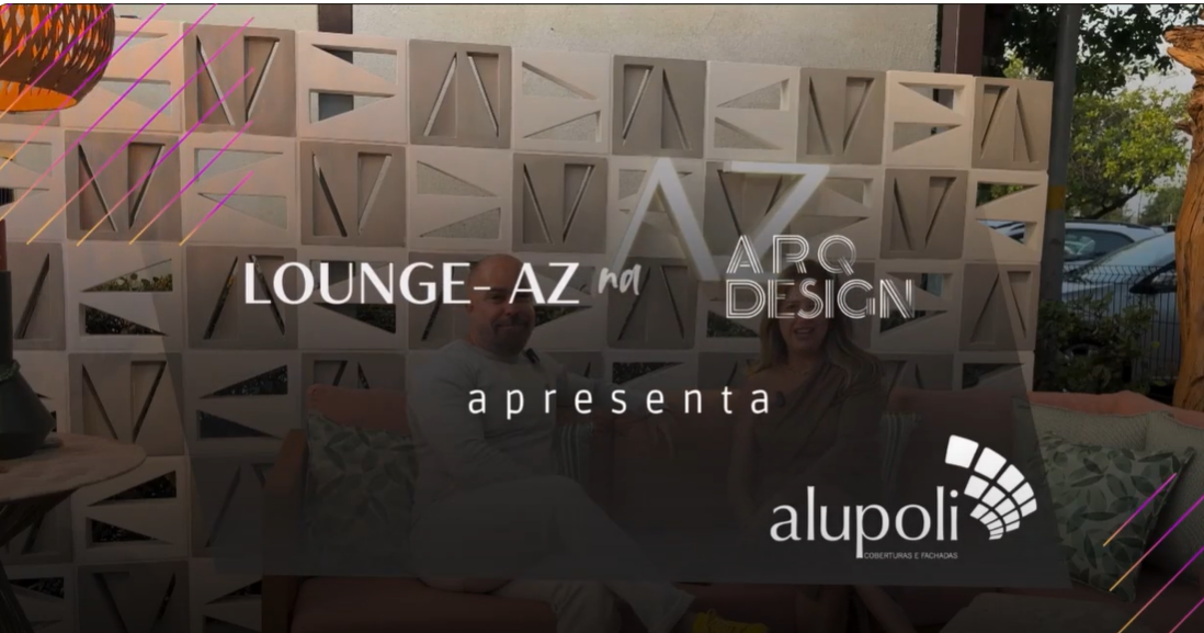 Um pôster para o lounge az design mostra duas pessoas sentadas em frente a uma parede