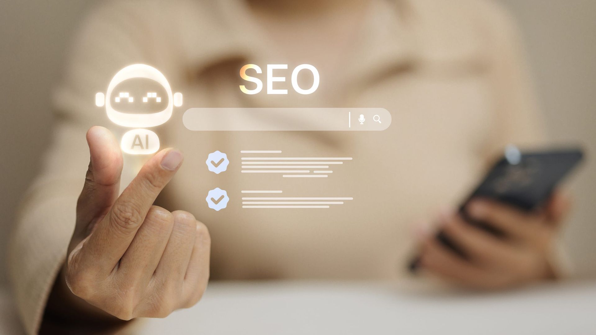 Person pointing at SEO search interface with AI chatbot icon.