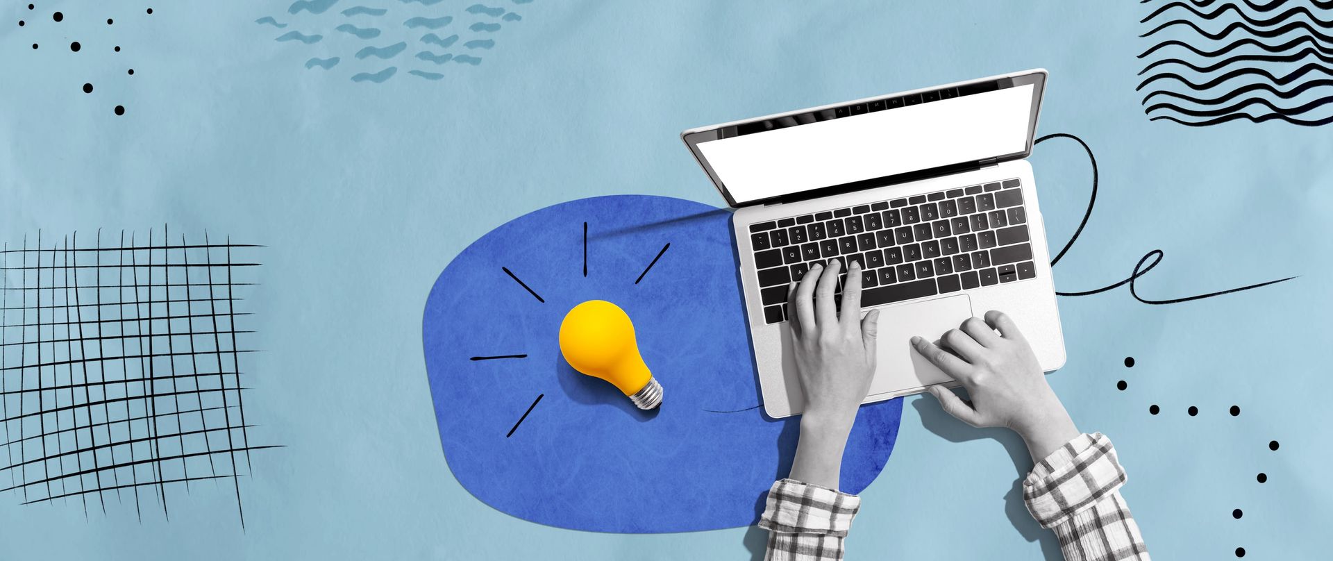 Person typing on laptop, an illuminated lightbulb on a blue background, representing an idea.