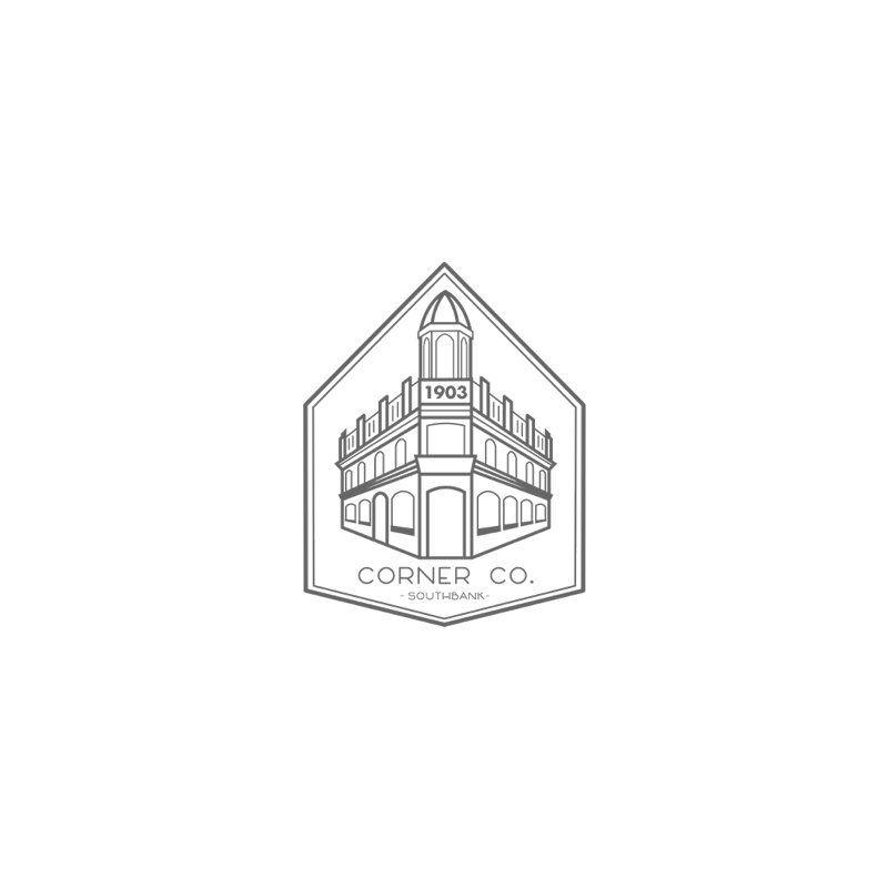 A black and white logo of a building with a clock tower.