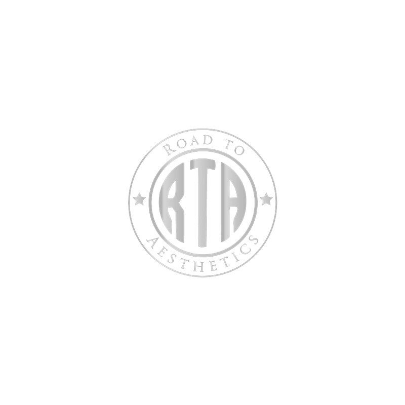 A gray logo for road to aesthetics on a white background.