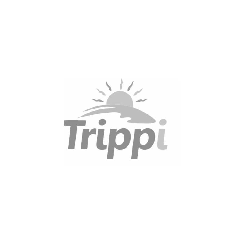 A black and white logo for trippi with a sunset in the background.
