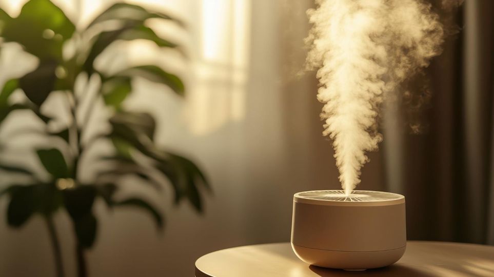 A small white humidifier on a table emits a stream of mist in a sunlit room.