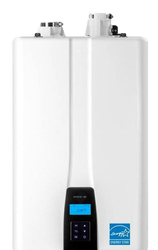 White wall-mounted water heater with a black control panel and blue logo label.