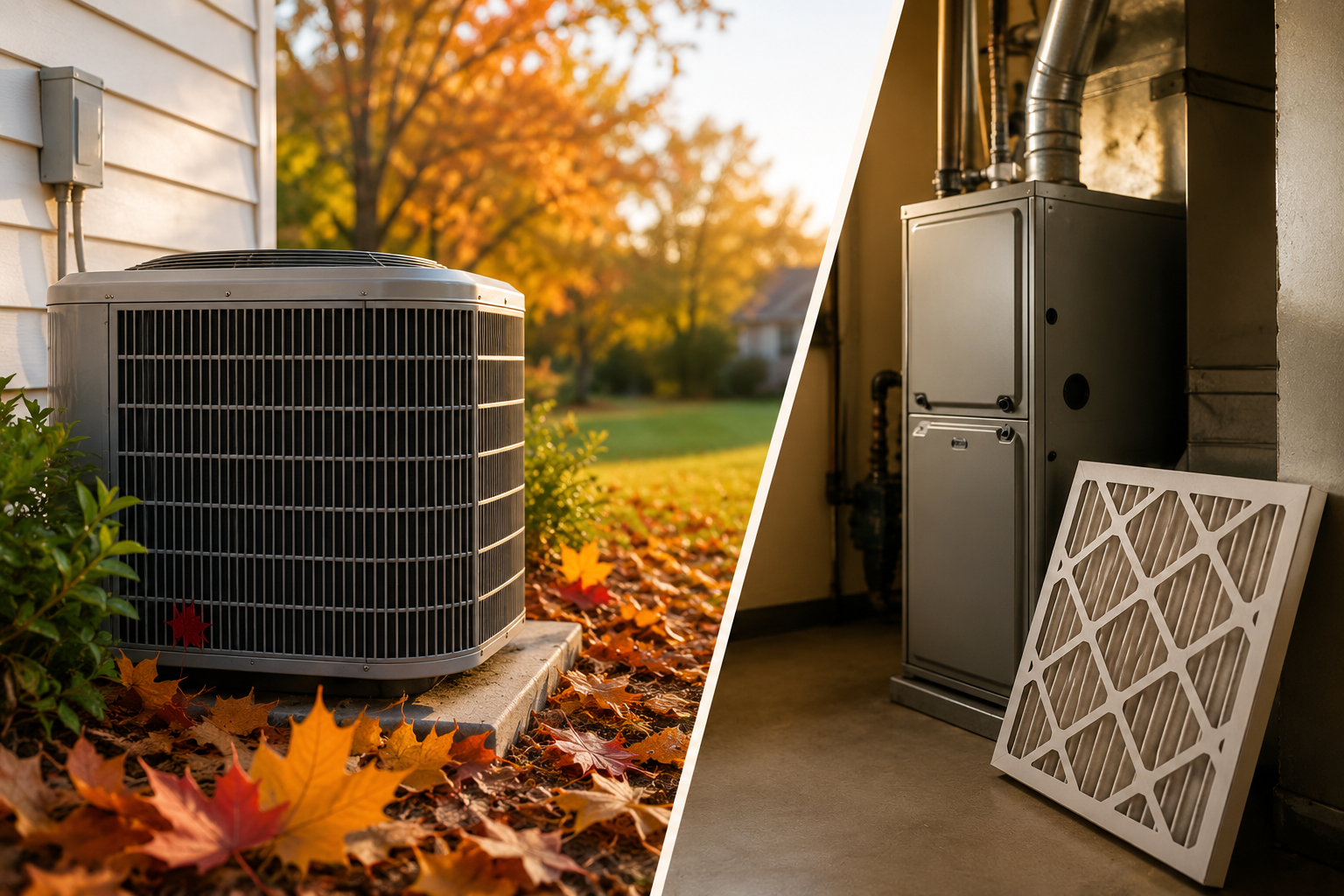 Outdoor AC unit surrounded by fall leaves next to a home and an indoor furnace with an air filter, s