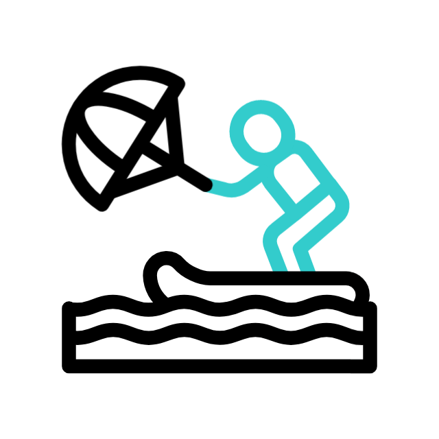 Um ícone de uma pessoa praticando kitesurf na água, representado em desenho linear preto e verde-azulado.