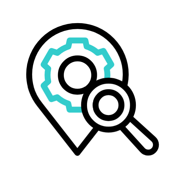 Um ícone de engrenagem verde-azulada dentro de um alfinete preto no mapa, com uma lupa preta posicionada no canto inferior direito.