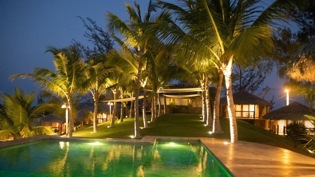 Vista noturna de uma piscina rodeada por palmeiras iluminadas, que conduz a uma casa com interior luminoso.