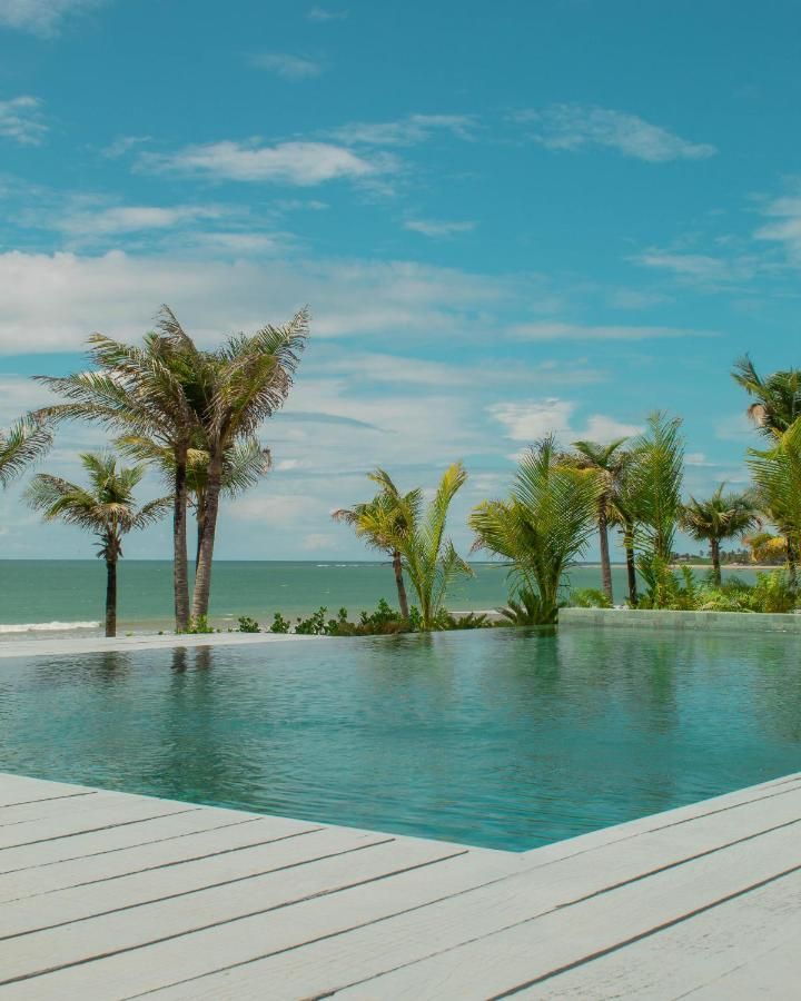 Uma piscina infinita tranquila com deck de madeira oferece vista para um mar calmo, rodeado por palmeiras sob um céu azul brilhante.