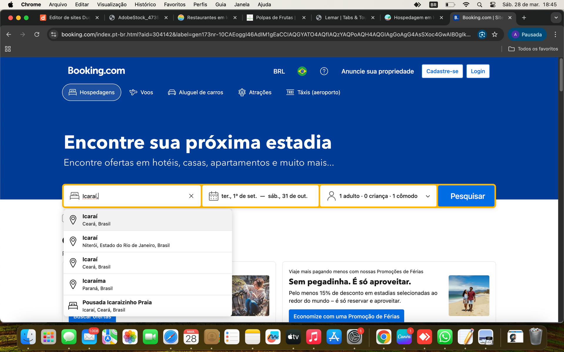 Página inicial do site Booking.com com uma barra de pesquisa apresentando 