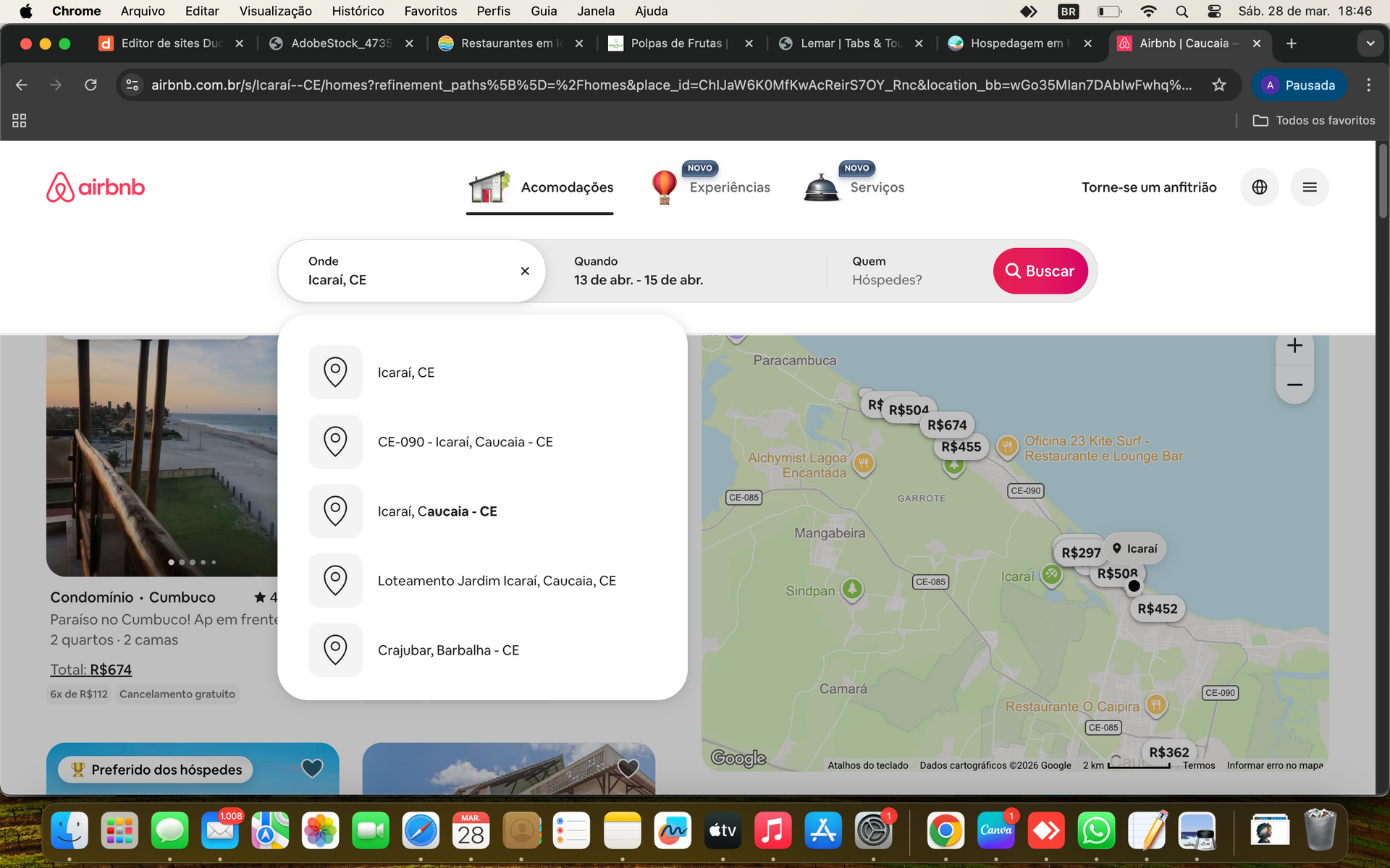 A página inicial do Airbnb exibe uma barra de pesquisa com sugestões de localização sobre um mapa de Porto Rico e prévias dos anúncios.