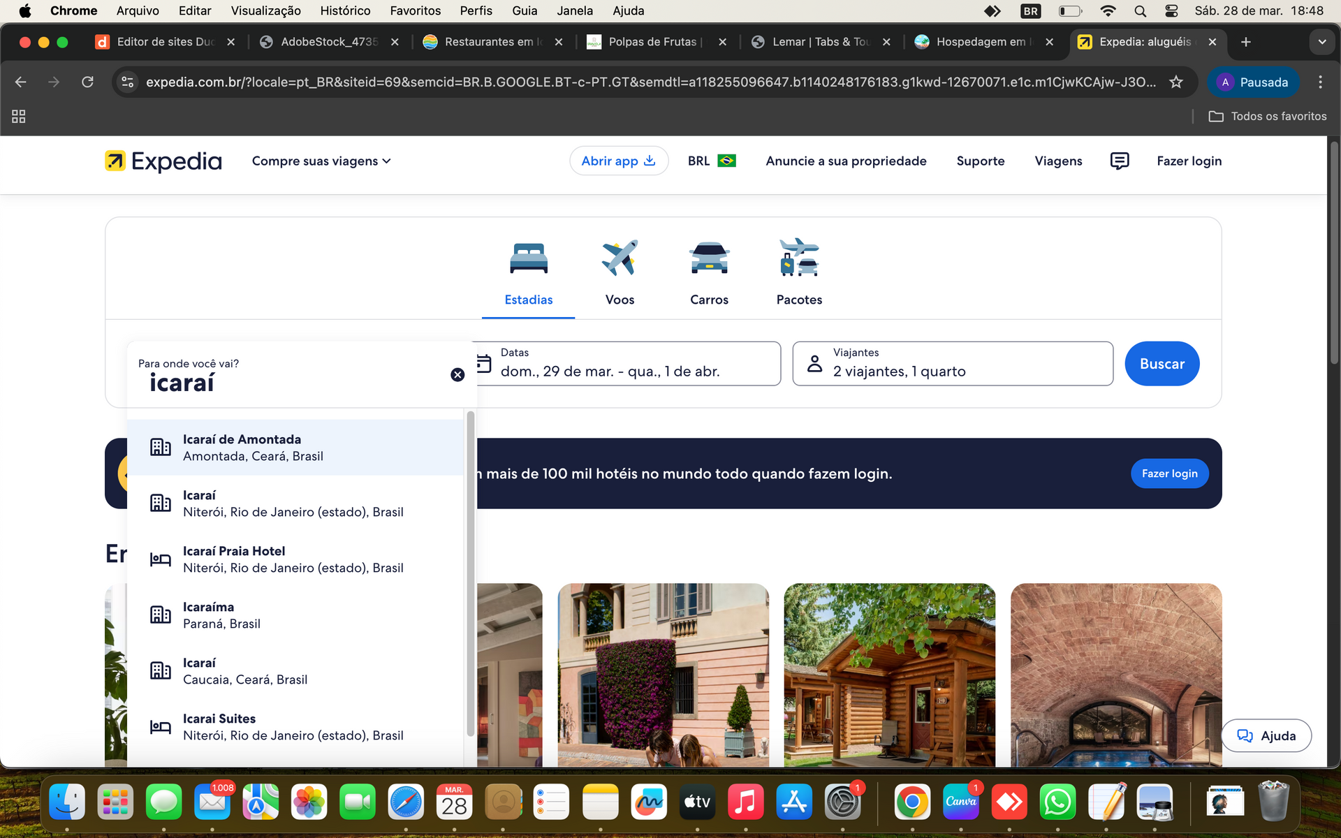 Página inicial do site da Expedia mostrando uma interface de busca com um menu suspenso de destino para Icarai.