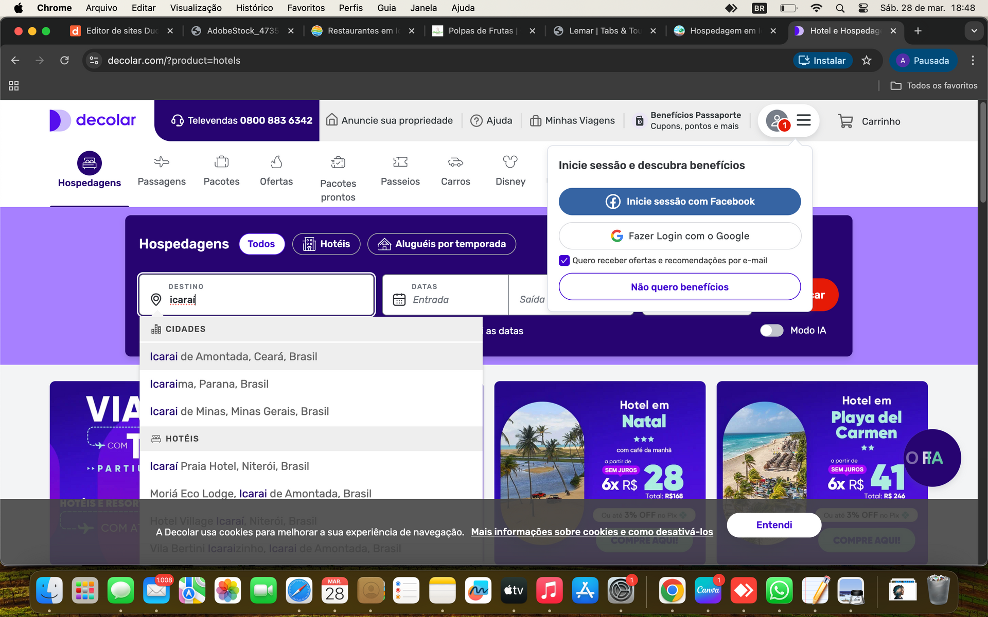 Página inicial do site da Decolar mostrando um formulário de busca de voos com um menu suspenso ativo e uma sobreposição de solicitação de login.