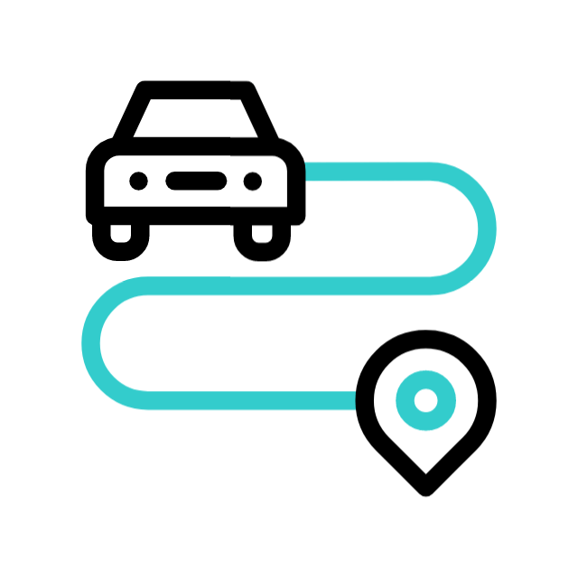 Um ícone de linha preta e verde-azulada mostrando um carro conectado por um caminho sinuoso a um marcador de localização no mapa.