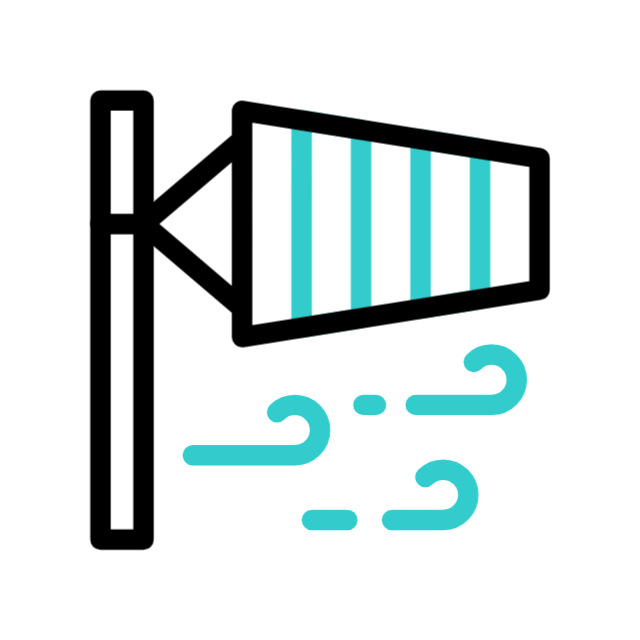 Uma biruta em um poste com listras verde-azuladas, balançando ao vento, conforme indicado por linhas de rajada estilizadas na mesma cor.