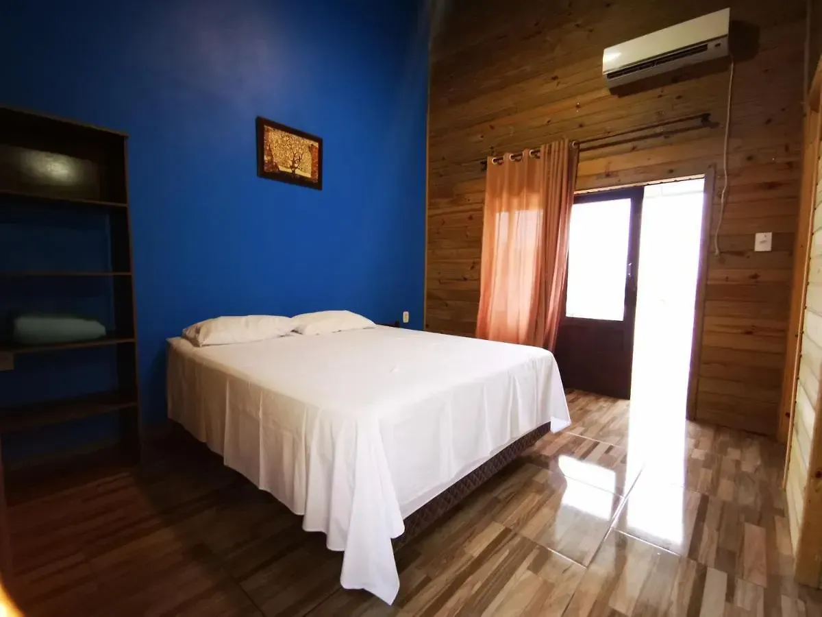 Quarto com cama branca, parede com detalhes em azul, painéis de madeira e luz solar entrando pela janela.