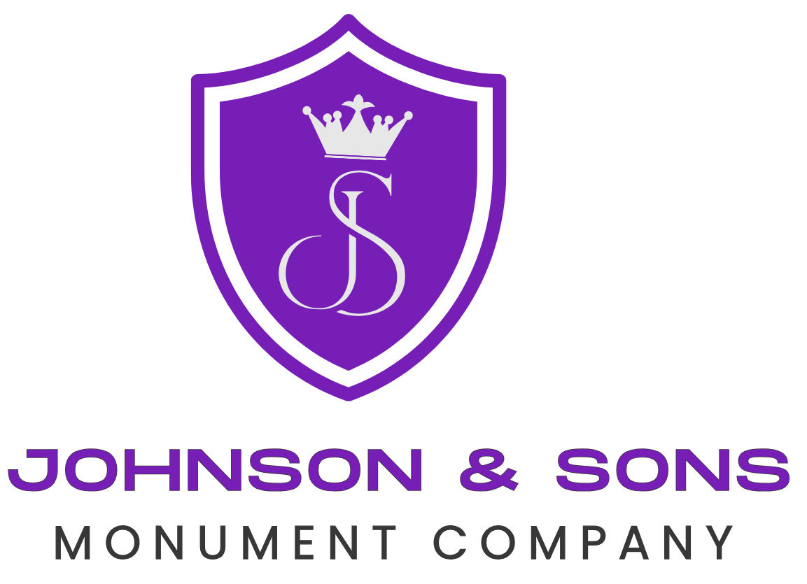 The logo for the Johnson & Sons Monument Company is a purple shield with a crown on it. The logo for the Johnson & Sons Monument Company is a purple shield with a crown on it.