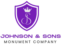 The logo for the Johnson & Sons Monument Company is a purple shield with a crown on it. The logo for the Johnson & Sons Monument Company is a purple shield with a crown on it.